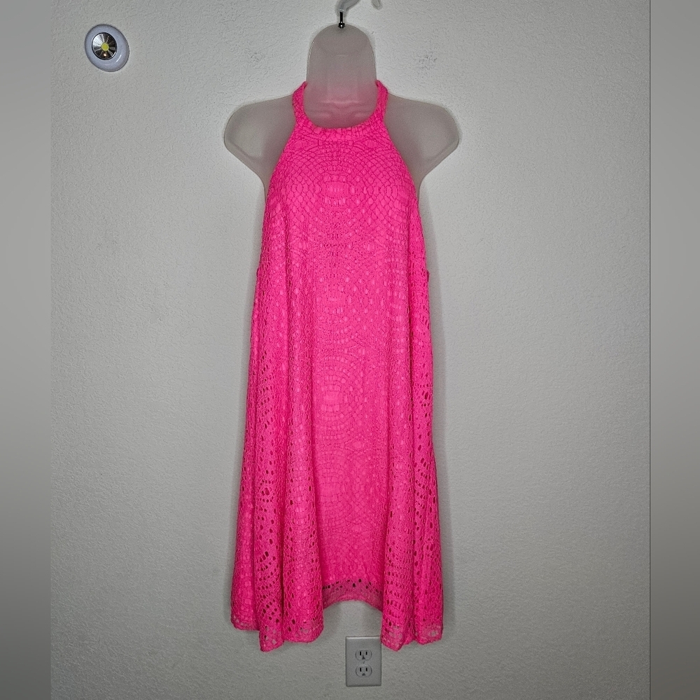 Lilly Pulitzer Hot Pink Embroidered Lace Detail Pullover Halter Mini Tank Dress